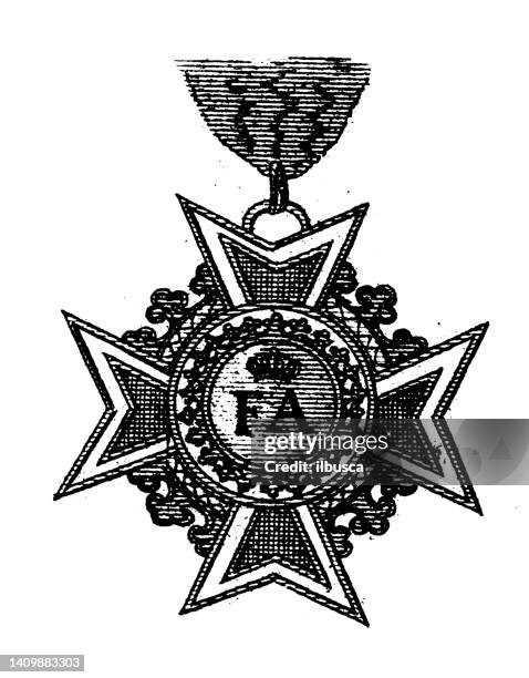 antike stichillustration, zivilisation: insignienabzeichen des ordens der sächsischen krone - century award stock-grafiken, -clipart, -cartoons und -symbole