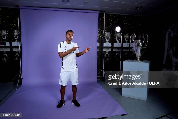 Rodrygo Goes of Real Madrid poses during the Real Madrid UEFA Media Access Day at Valdebebas training ground on July 15, 2022 in Madrid, Spain.