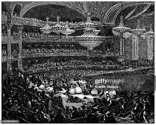 stockillustraties, clipart, cartoons en iconen met antique engraving illustration, civilization: masked ball, opera de paris - theater play in paris