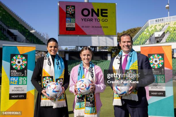 Carolyn Turnbull , Natasha Rigby and Jamie Harnwell pose during the FIFA Women's World Cup 2023 'One Year To Go' event at Perth Rectangular Stadium...