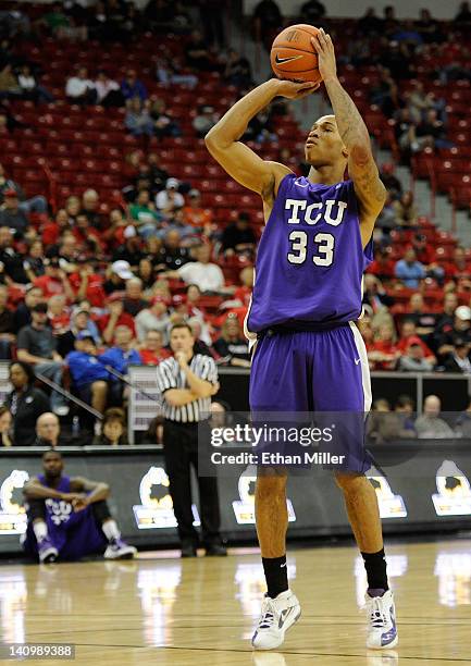 Garlon Green of the Texas Christian Horned Frogs shoots a technical free throw against the Colorado State Rams during a quarterfinal game of the...