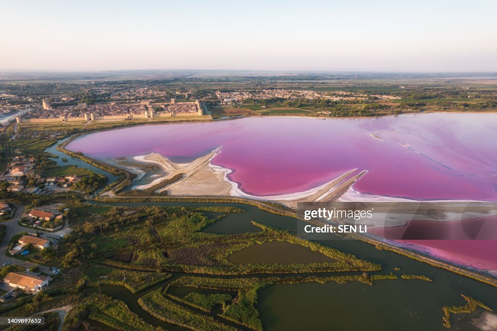 Aerial view of the Aigues-Mortes salt marsh (Salin d’Aigues-Mortes) at sunset