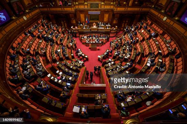 General view shows the Italian Senate during the communications of Italian Prime Minister Mario Draghi, on July 20, 2022 in Rome, Italy. Italian...