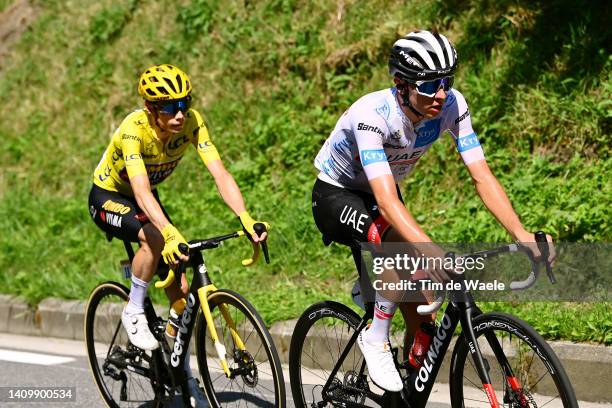 Jonas Vingegaard Rasmussen of Denmark and Team Jumbo - Visma - Yellow Leader Jersey and Tadej Pogacar of Slovenia and UAE Team Emirates - White Best...