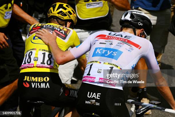 Jonas Vingegaard Rasmussen of Denmark and Team Jumbo - Visma - Yellow Leader Jersey and Tadej Pogacar of Slovenia and UAE Team Emirates - White Best...