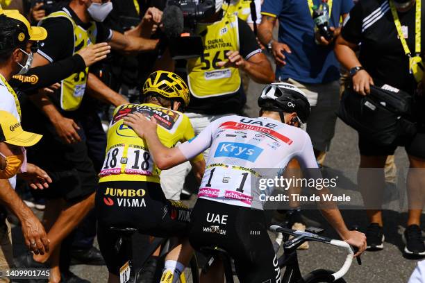 Jonas Vingegaard Rasmussen of Denmark and Team Jumbo - Visma - Yellow Leader Jersey and Tadej Pogacar of Slovenia and UAE Team Emirates - White Best...