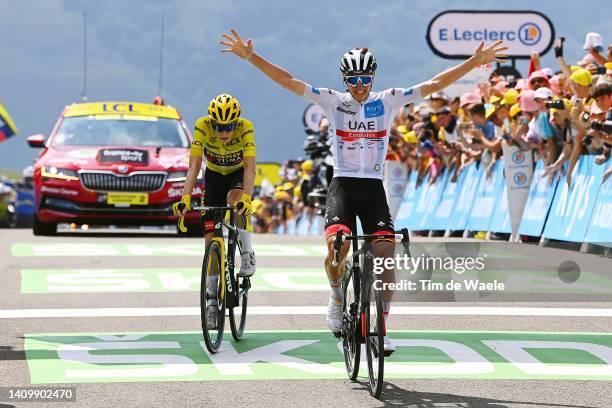 Tadej Pogacar of Slovenia and UAE Team Emirates - White Best Young Rider Jersey celebrates at finish line as stage winner ahead of Jonas Vingegaard...