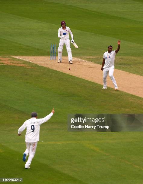 Shannon Gabriel unsuccessfully appeals for the LBW of Kasey Aldridge of Somerset during Day Two of the LV= Insurance County Championship match...