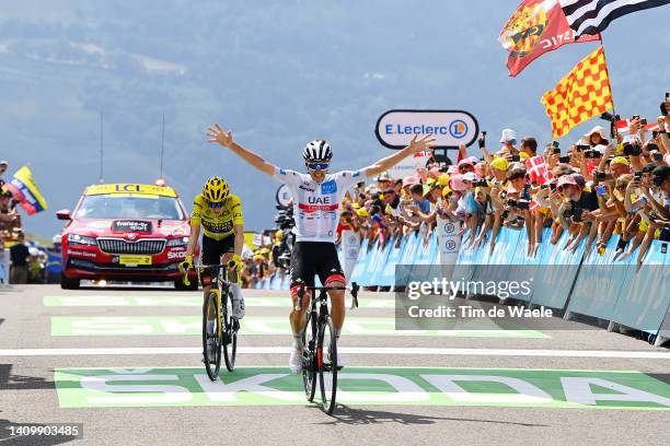 Tadej Pogacar of Slovenia and UAE Team Emirates - White Best Young Rider Jersey celebrates at finish line as stage winner ahead of Jonas Vingegaard...