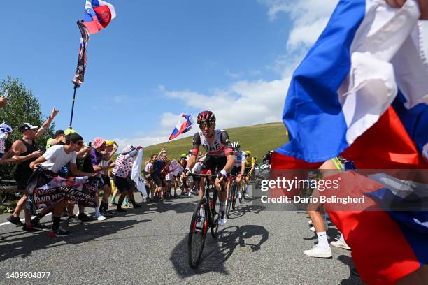 Brandon Mcnulty of United States and UAE Team Emirates leads the breakaway climbing the Peyragudes while fans cheer during the 109th Tour de France...