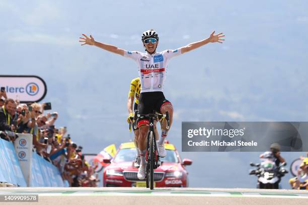 Tadej Pogacar of Slovenia and UAE Team Emirates - White Best Young Rider Jersey celebrates at finish line as stage winner ahead of Jonas Vingegaard...