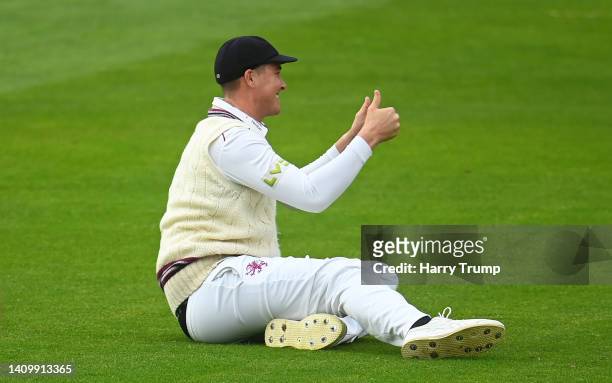 Matthew Renshaw of Somerset celebrates after taking a catch to dismiss George Hill of Yorkshire during Day Two of the LV= Insurance County...