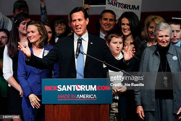 Republican presidential candidate, former U.S. Sen. Rick Santorum speaks during the election night rally at the Steubenville High School gymnasium on...