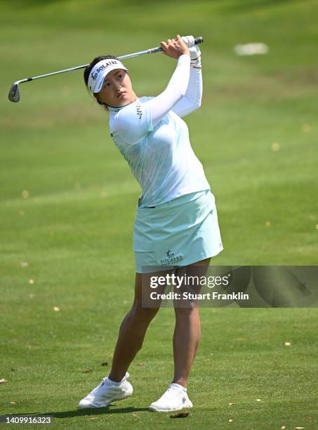 Jin Young Ko of Korea plays a shot prior to The Amundi Evian Championship at Evian Resort Golf Club on July 20, 2022 in Evian-les-Bains, France.