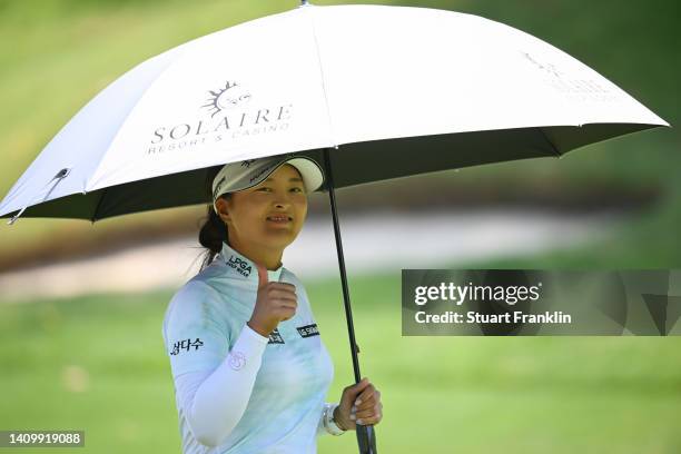 Jin Young Ko of Korea plays gives the thumbs up prior to The Amundi Evian Championship at Evian Resort Golf Club on July 20, 2022 in Evian-les-Bains,...