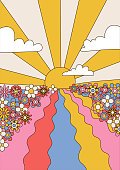 Psychedelic Art Landscape with sunset, sky and flower field, 1960s Hippie Illustrations with Clouds, Waves and Sun Rays. Vector hand drawn background.