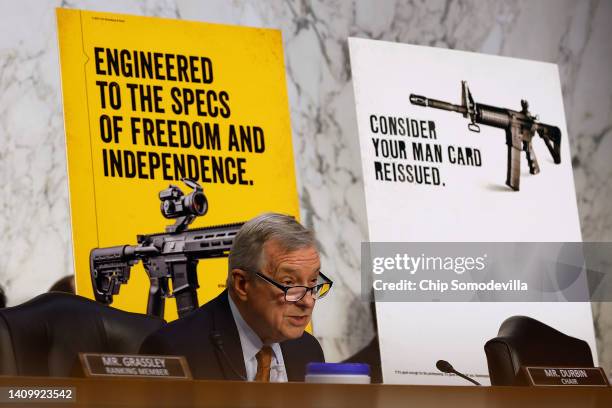 Senate Judiciary Committee Chairman Richard Durbin speaks in front of a published advertisements for assault weapons during a hearing about the mass...