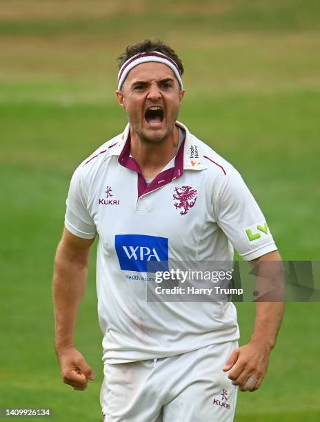 Jack Brooks of Somerset celebrates the wicket of Matthew Revis of Yorkshire during Day Two of the LV= Insurance County Championship match between...