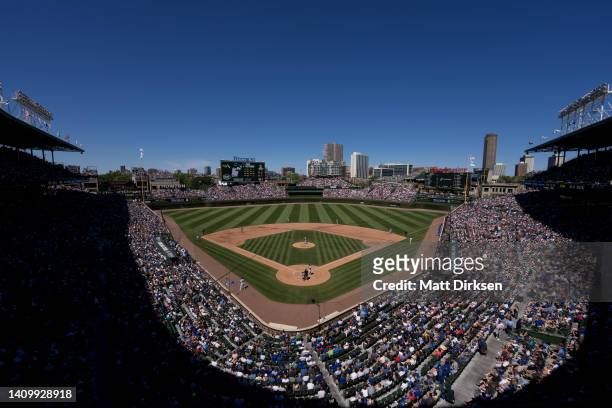 June 18: A wide angle general view of Wrigley Field in a game between the Chicago Cubs and the Atlanta Braves at Wrigley Field on June 18, 2022 in...