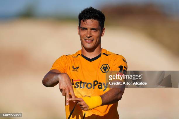 Raul Jimenez of Wolverhampton Wanderers celebrates after scoring their team's first goal during a pre-season friendly match between Deportivo Alaves...