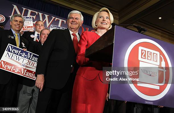 Republican presidential candidate and former Speaker of the House Newt Gingrich and his wife Callista Gingrich on stage after being declared the...