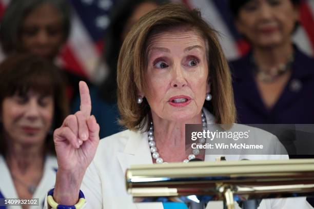 Speaker of the House Nancy Pelosi speaks during an event on Capitol Hill on July 20, 2022 in Washington, DC. Pelosi joined other members of the...