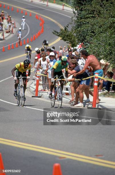 Two cyclists make their way along O'Neill Road during the Men's Cycling Road Race at the 1984 Summer Olympics, Mission Viejo, California, July 29,...