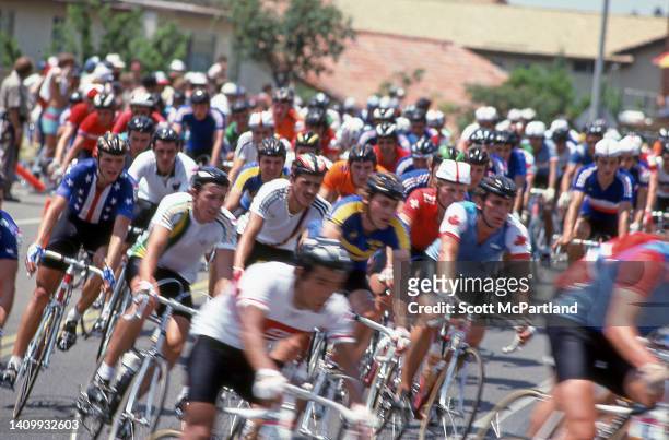 View of cyclists making their way along O'Neill Road during the Men's Cycling Road Race at the 1984 Summer Olympics, Mission Viejo, California, July...