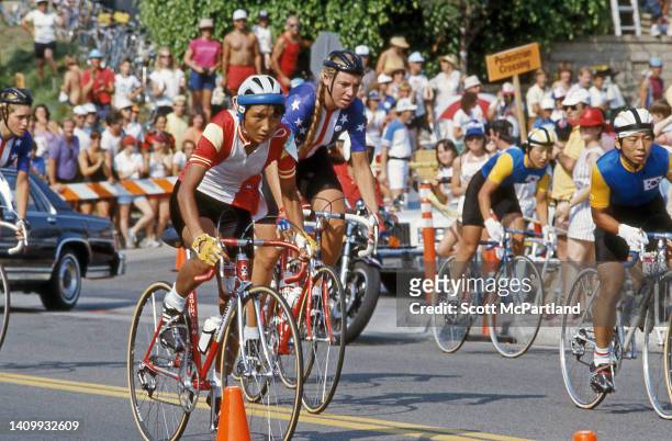 Cyclists make their way along O'Neill Road during the Men's Cycling Road Race at the 1984 Summer Olympics, Mission Viejo, California, July 29, 1984.