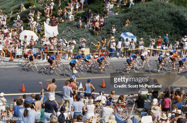 Elevated view of cyclists making their way along O'Neill Road during the Men's Cycling Road Race at the 1984 Summer Olympics, Mission Viejo,...