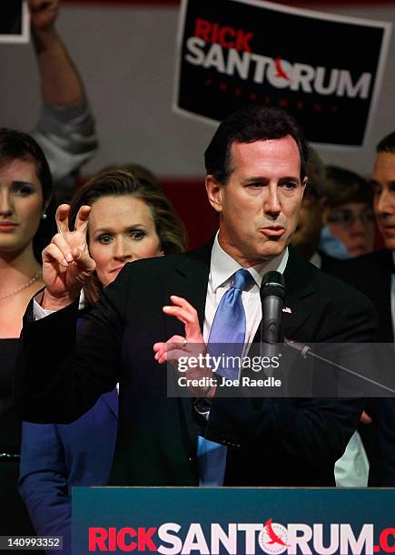 Republican presidential candidate, former U.S. Sen. Rick Santorum speaks during a primary night party at the Steubenville High School Gymnasium on...