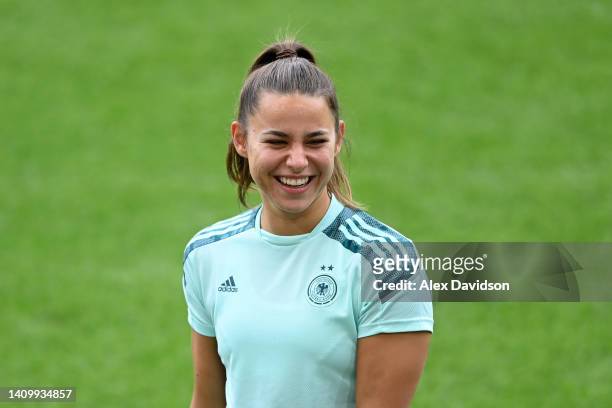 Lena Oberdorf of Germany reacts during the UEFA Women's Euro 2022 Germany training session at Brentford Community Stadium on July 20, 2022 in...