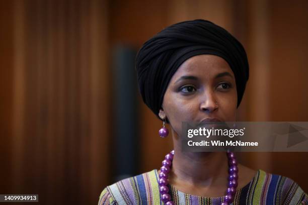 Rep. Ilhan Omar listens to speakers during an event on Capitol Hill on July 20, 2022 in Washington, DC. Speaker of the House Nancy Pelosi joined...