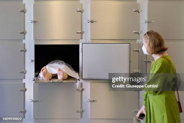 General view of an untitled artwork representing a morgue of the exhibition 'Useless Bodies?' by Scandinavian artist duo Elmgreen & Dragset at...