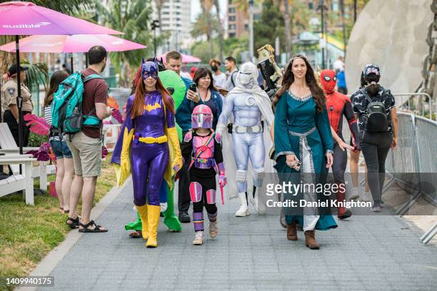 Group of cosplayers attend a press conference to promote using public transit to attend 2022 Comic-Con International on July 20, 2022 in San Diego,...