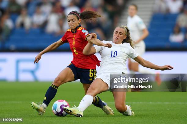 Georgia Stanway of England battles for possession with Aitana Bonmati of Spain during the UEFA Women's Euro 2022 Quarter Final match between England...