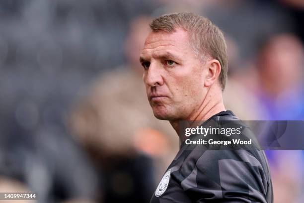 Brendan Rogers, Manager of Leicester City looks on prior to the Pre-Season Friendly between Hull City and Leicester City at MKM Stadium on July 20,...