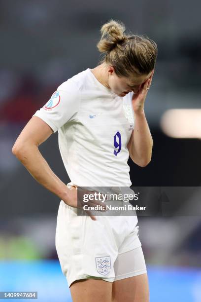 Ellen White of England reacts during the UEFA Women's Euro 2022 Quarter Final match between England and Spain at Brighton & Hove Community Stadium on...