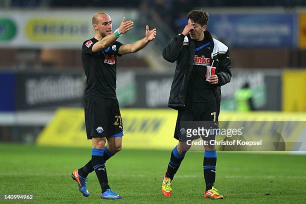 Daniel Brueckner and Jens Wemmer of Paderborn look dejected after the 0-0 draw of the Second Bundesliga match between SC Paderborn and VfL Bochum at...