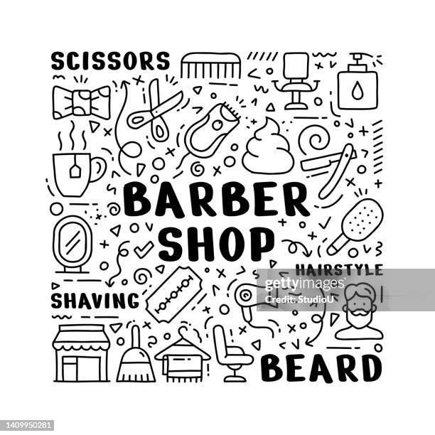 barber shop hand drawn doodle concept - shaving head stock illustrations