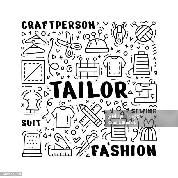 bespoke tailor hand drawn doodle concept - tailored suit stock illustrations