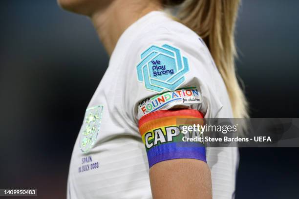 Detailed view of the rainbow captains armband on Leah Williamson of England during the UEFA Women's Euro 2022 Quarter Final match between England and...