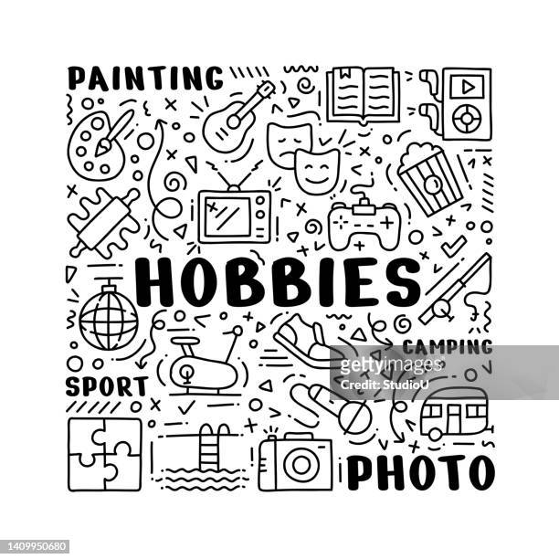 bildbanksillustrationer, clip art samt tecknat material och ikoner med hobbies hand drawn doodle concept - hobby