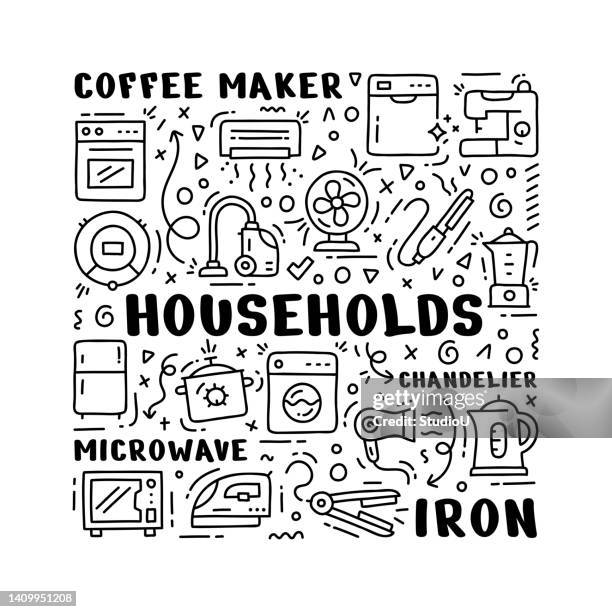 households hand drawn doodle concept - blending pattern stock illustrations