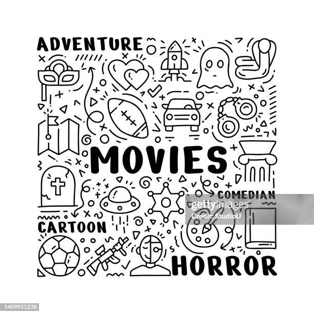 movie genres hand drawn doodle concept - adventure font stock illustrations