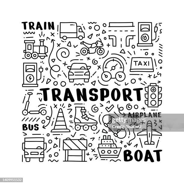ilustraciones, imágenes clip art, dibujos animados e iconos de stock de concepto de doodle dibujado a mano para el transporte - mechanical drawing car