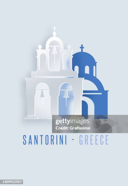 santorini bell tower and blue domes in oia on greece illustration in flat design - santorini 幅插畫檔、美工圖案、卡通及圖標