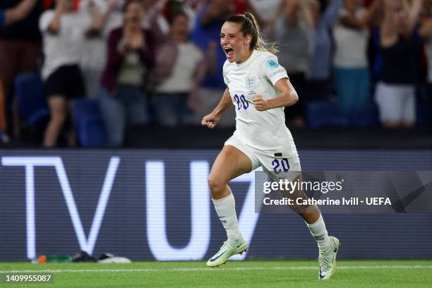 Ella Toone of England celebrates after scoring their team's first goal during the UEFA Women's Euro 2022 Quarter Final match between England and...