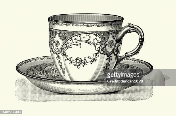ilustrações, clipart, desenhos animados e ícones de copo de chá vitoriano ornamentado e pires em um estilo louis xvi, cerâmica do século 19 - xícara de chá