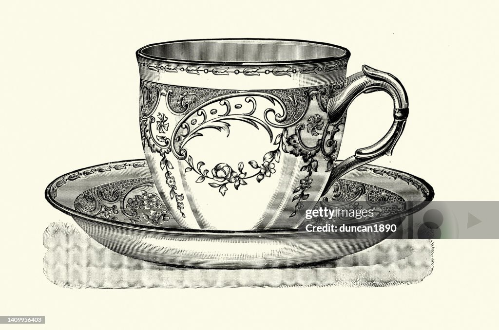 Ornate Victorian Tea cup and saucer in a Louis XVI style, 19th Century ceramics
